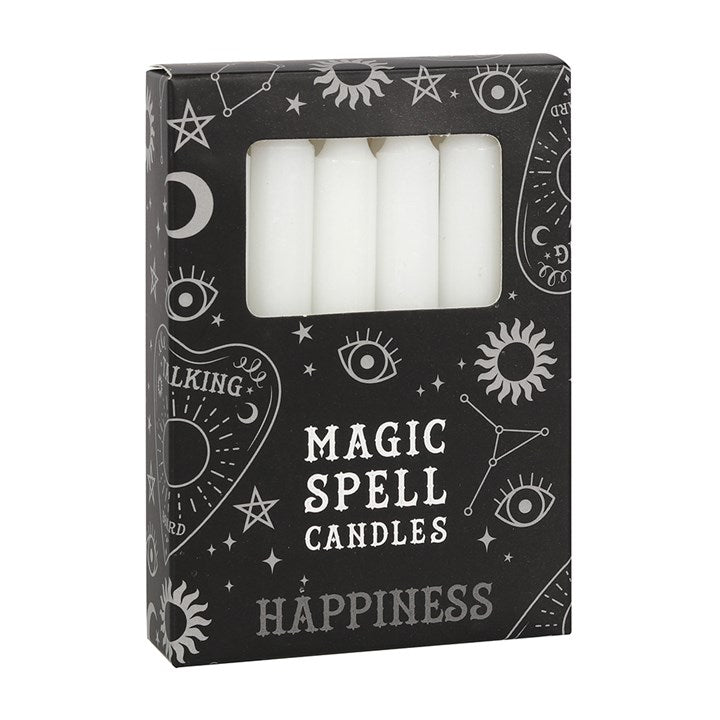 Pack of 12 White 'Happiness' Spell Candle