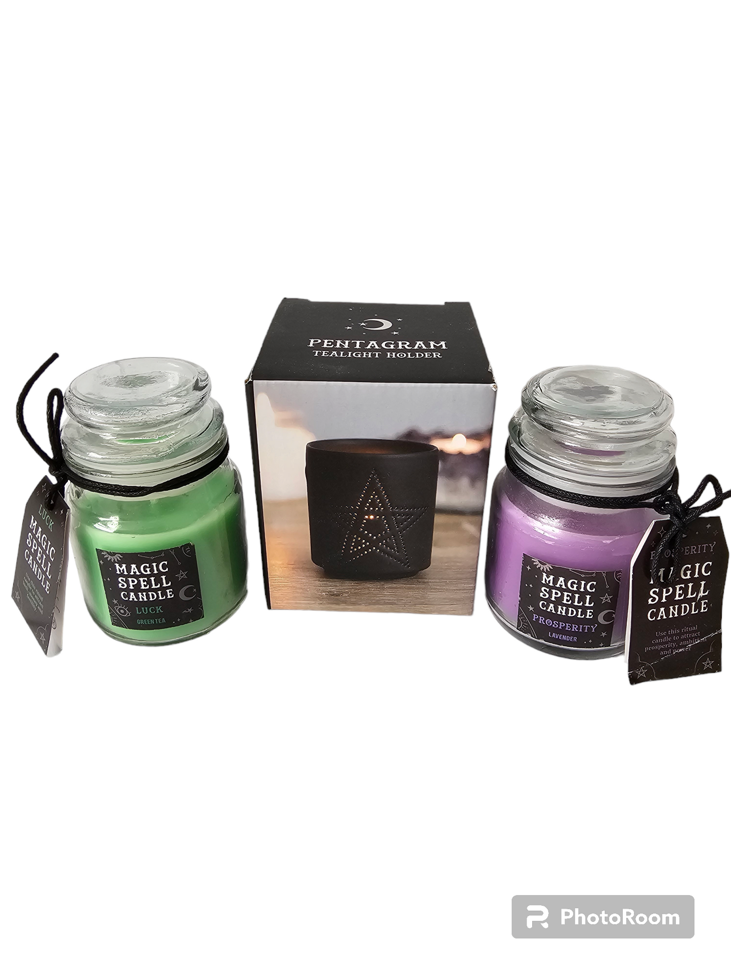 Pentagram Tealight Holder with 'Luck' & 'Prosperity' Spell Jar candles