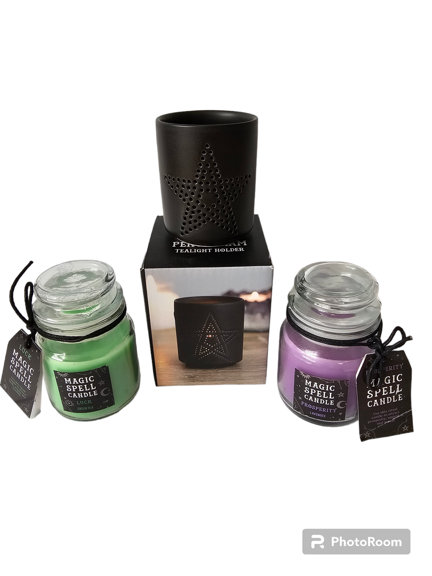 Pentagram Tealight Holder with 'Luck' & 'Prosperity' Spell Jar candles